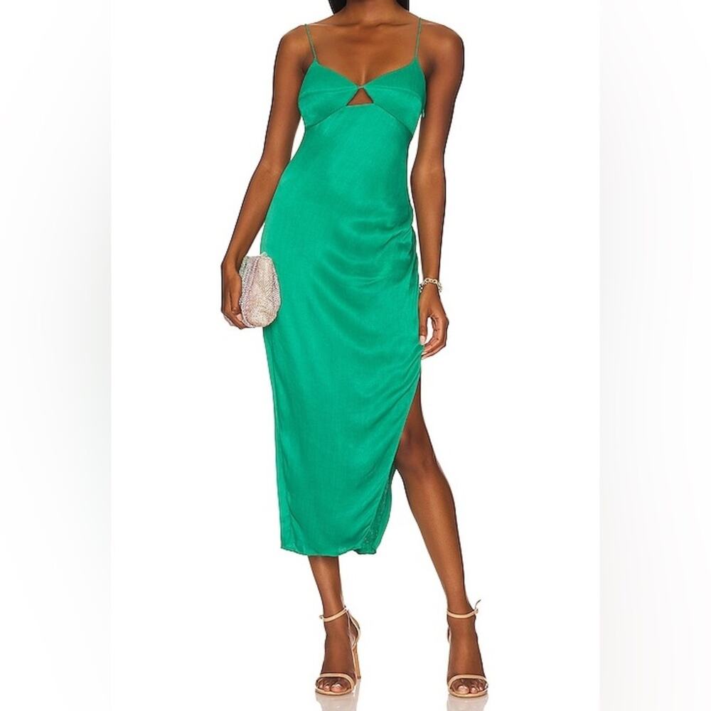 Saylor Womens Ruched Satin Cut Out Sustainable Green Slit Midi Ashlee Dress L